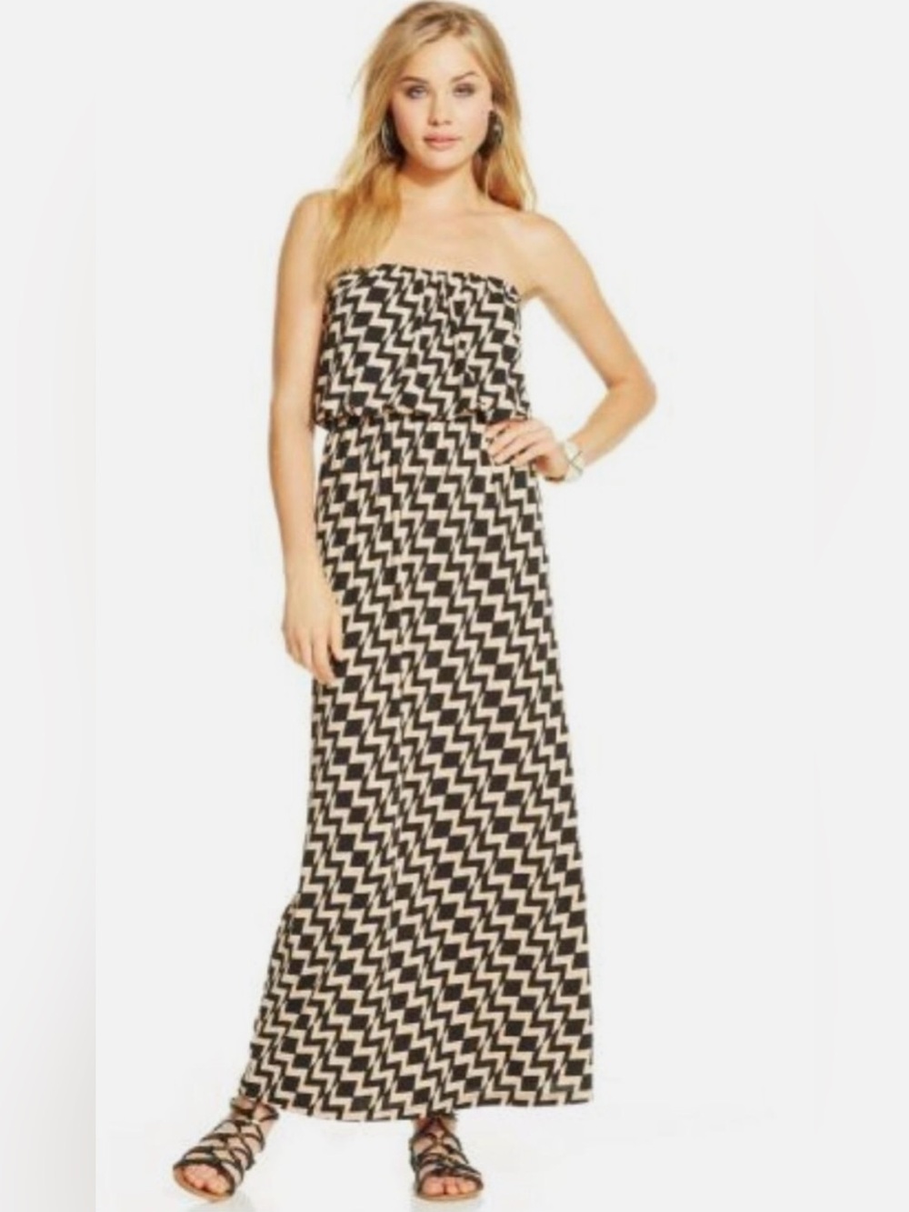 Trixxi Strapless Zigzag Maxi Dress in Black and Cream/Beige